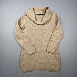 Jeanne Pierre Cowl Neck Sweater Womens M Beige Cotton Diamond Cable Knit Boho